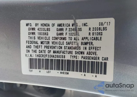 2017 Honda Accord Lx z USA, uszkodzony, nr VIN 1HGCR2F30HA288058